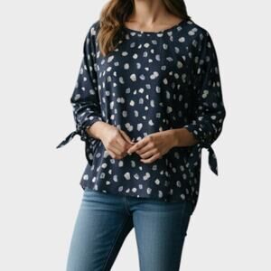 Papermoon Womens Size Small Blouse Back Zip 3/4 Sleeve Blue Dotted